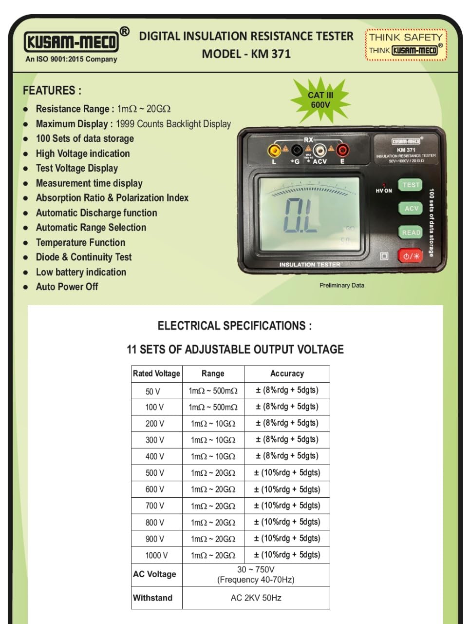 KUSAM-MECO KM-371 DIGITAL INSULATION RESISTANCE TESTER