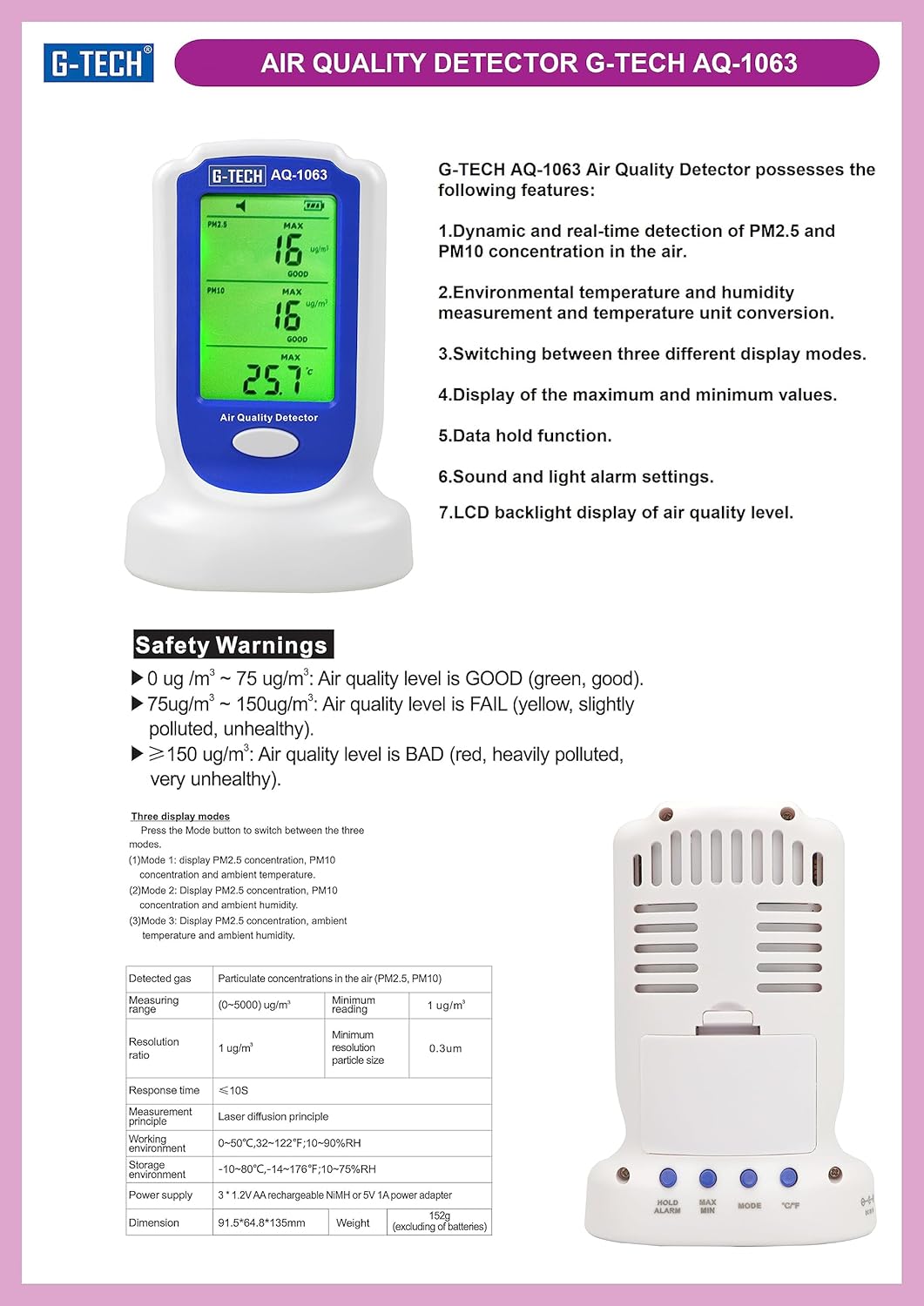 G-Tech AQ-1063 Air Quality Detector