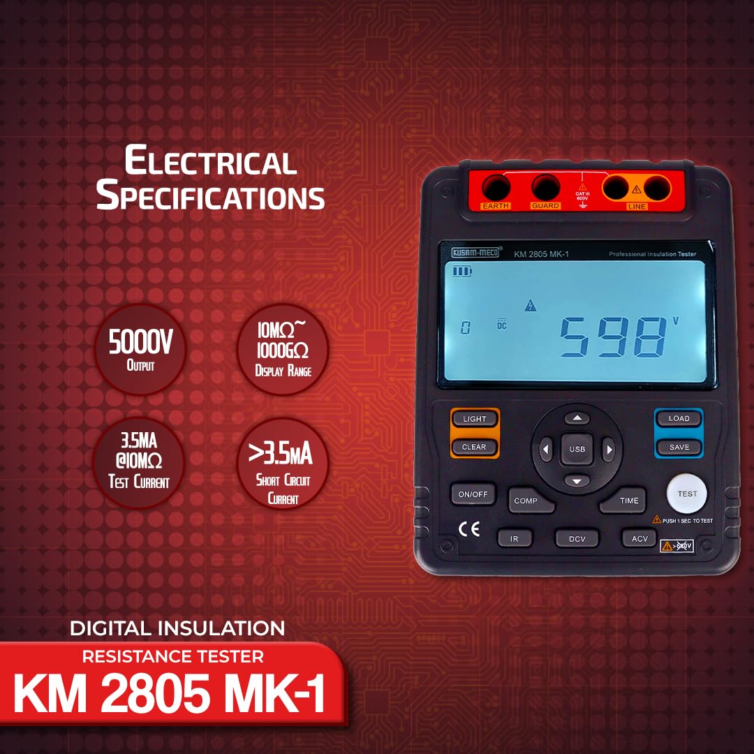 Kusam Meco KM 2805 Mk1 Digital Insulation Resistance Tester (5KV, 1T Ohms with PI & DAR)