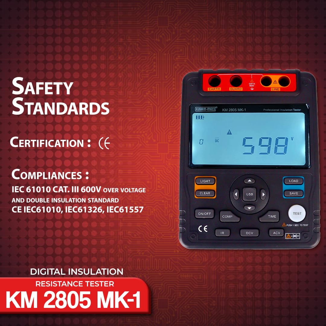 Kusam Meco KM 2805 Mk1 Digital Insulation Resistance Tester (5KV, 1T Ohms with PI & DAR)