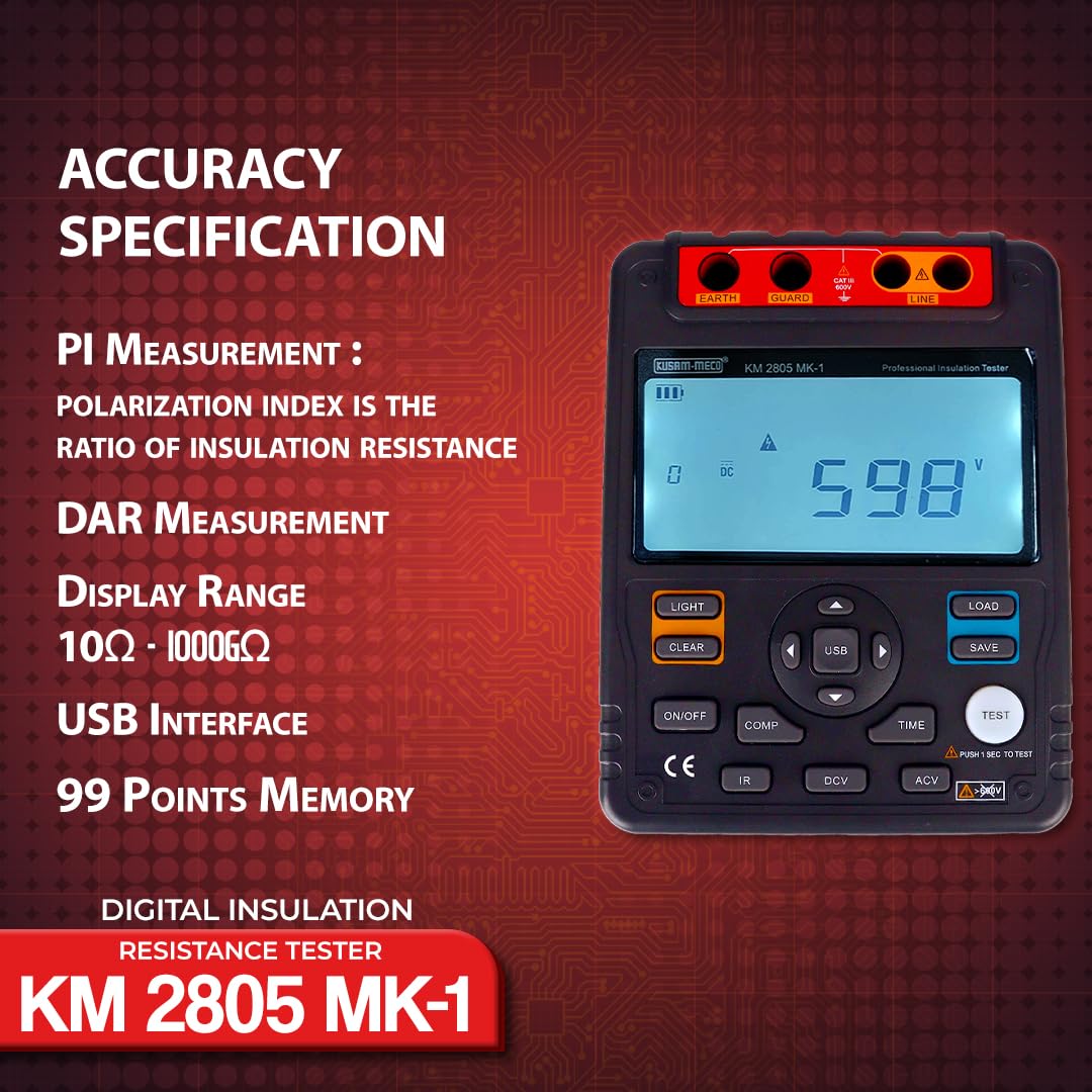 Kusam Meco KM 2805 Mk1 Digital Insulation Resistance Tester (5KV, 1T Ohms with PI & DAR)
