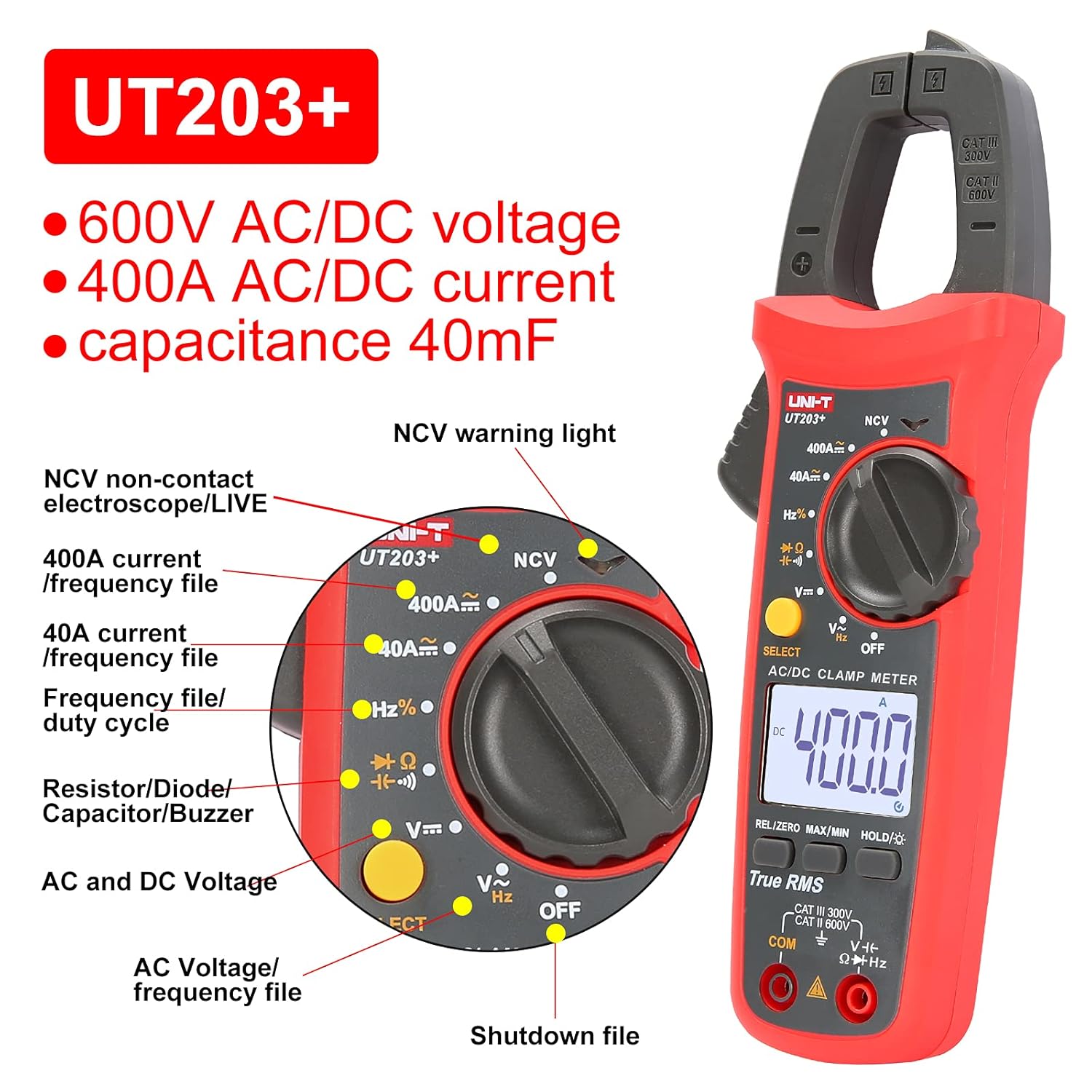 UNI-T UT203+ Digital Clamp Meter AC/DC Current Auto Range True RMS Max/Min Backlight Multimeter